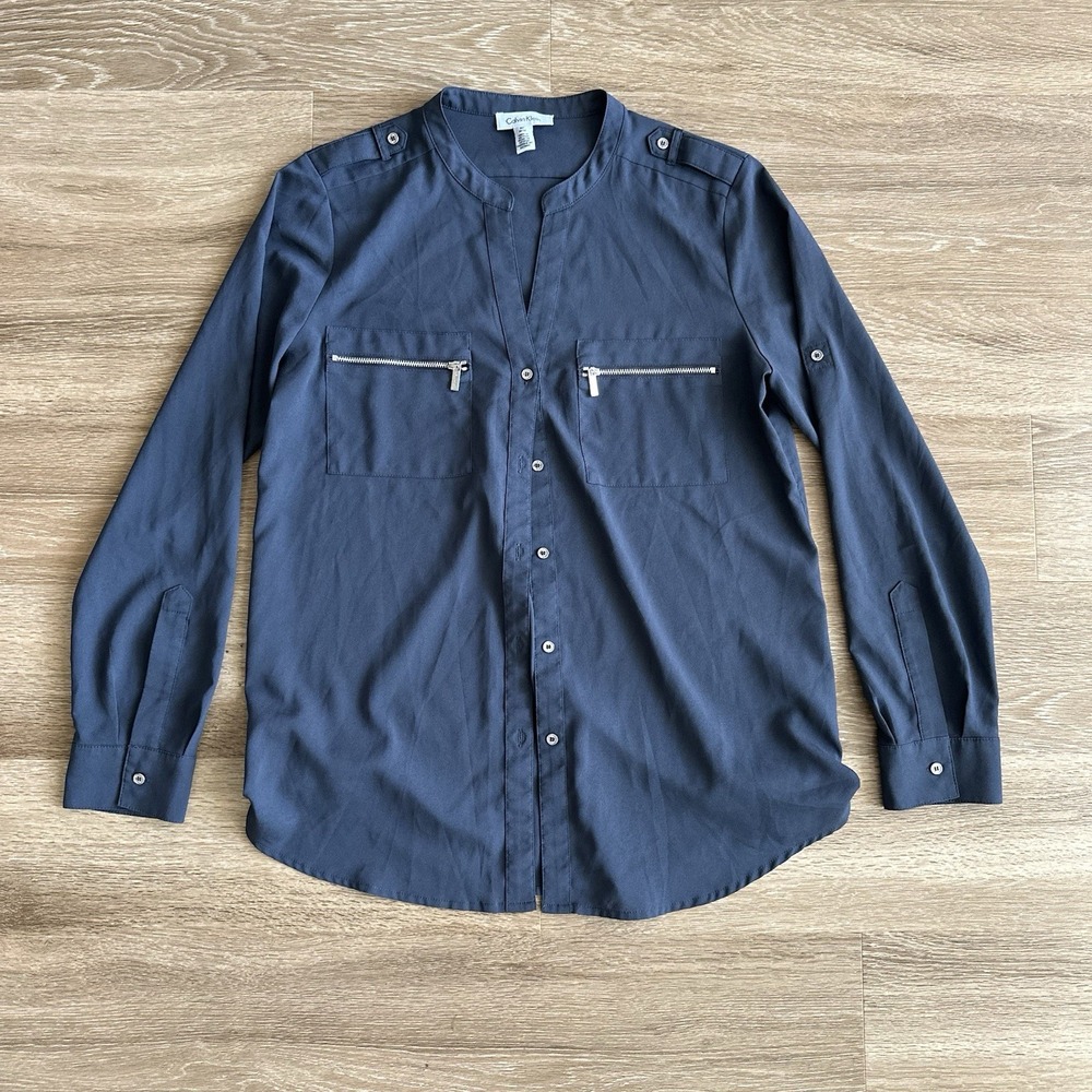 Calvin Klein Collarless Button Shirt‎ Zipper Pocket Blue Women's Medium